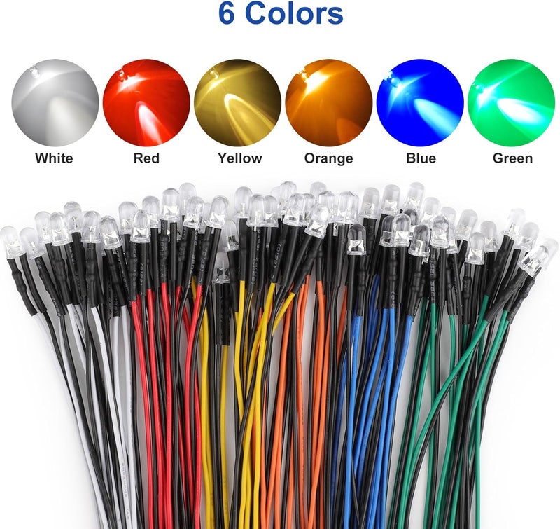 Linkstyle 60 قطعة 12 فولت 5 مم ثنائيات ضوء LED مسبقة التوصيل، مصابيح LED صغيرة، لمبات فردية صغيرة 12 فولت لنماذج السيارات والإلكترونيات، أبيض أحمر أصفر أخضر أزرق برتقالي، 10 قطع لكل لون - Image 2